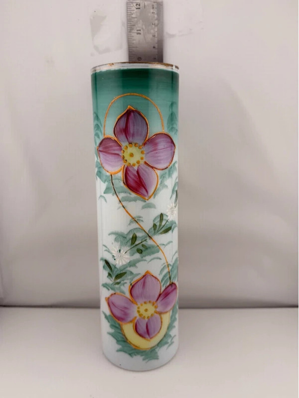 Vintage Hand Painted Floral Bud Vase – Turquoise Pink Flowers Gold Trim